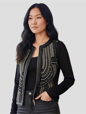 Black zippered jacket with gold & silver nailhead beading. Sz S. NWT